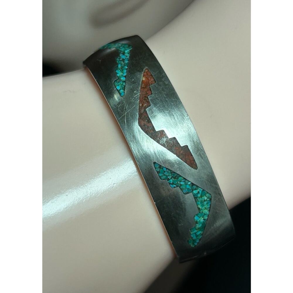 Vintage Navajo CARL ALLEN BEGAY Sterling Silver  Turquoise & Coral Cuff Bangle